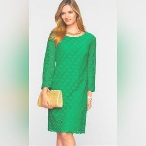 Talbots Green Eyelet Shift Dress Size 6 Lined 3/4 Split Sleeves